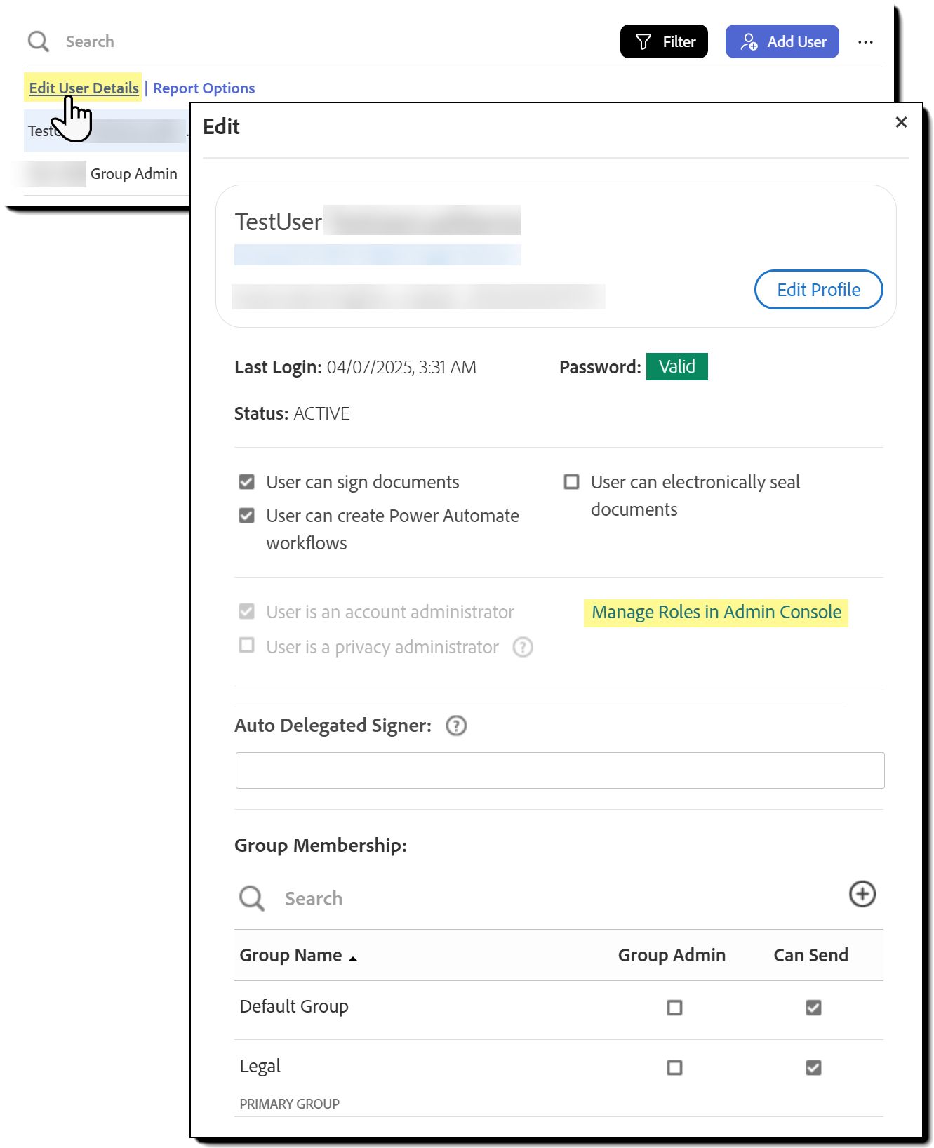 Page Utilisateurs avec le lien Modif. détails utilisateur mis en évidence
