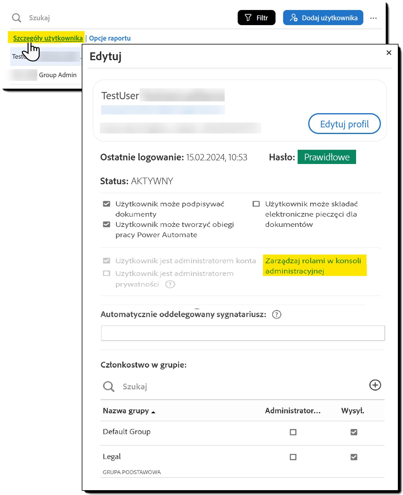 Strona Użytkownicy z podświetlonym łączem Edytuj szczegóły użytkownika