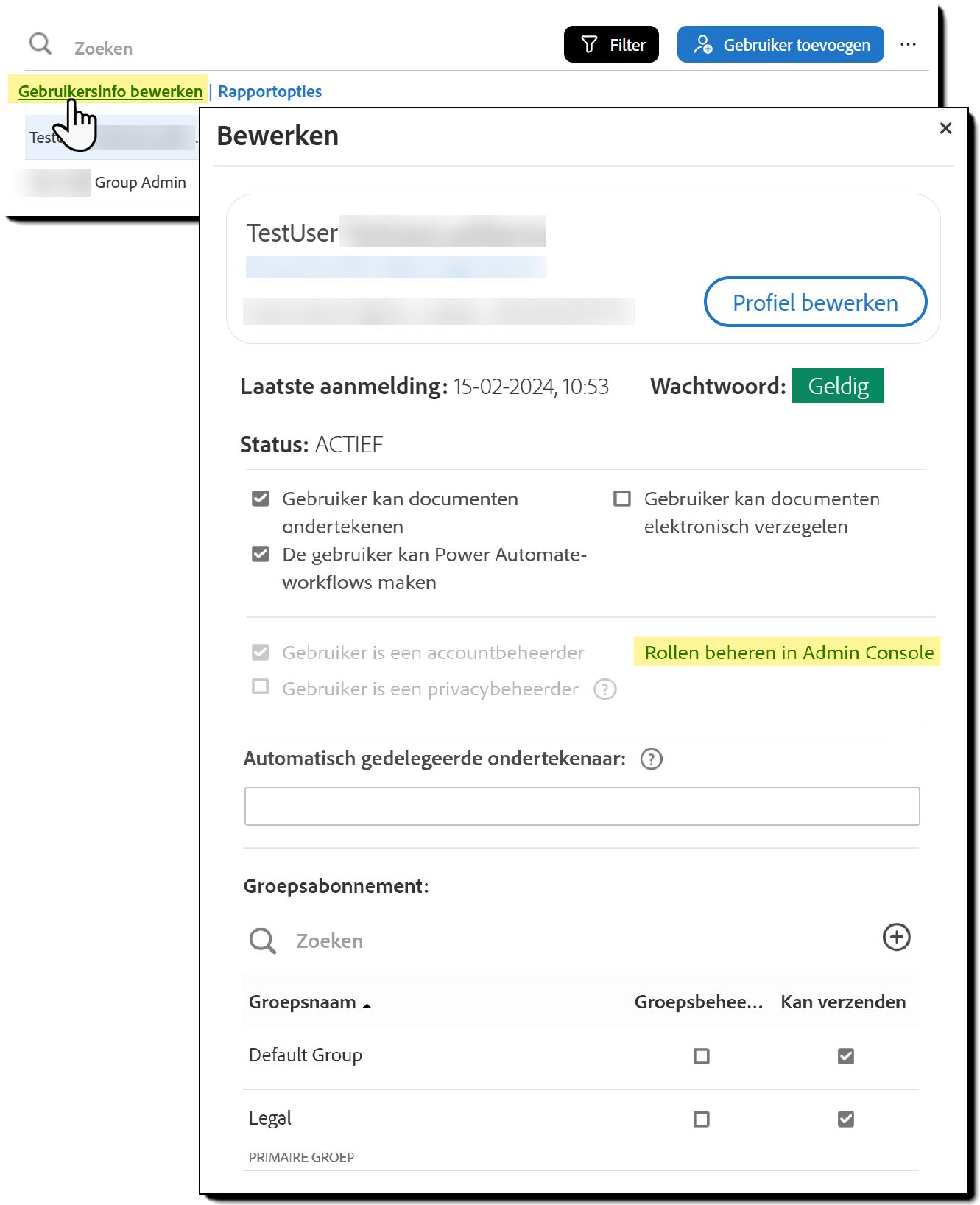 De pagina Gebruikers met de koppeling Gebruikersgegevens bewerken gemarkeerd