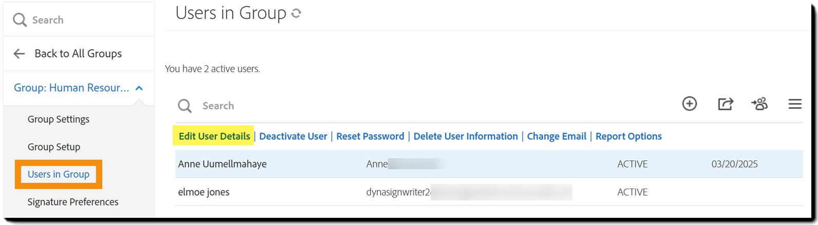 Siden Brugere i gruppe med én bruger valgt og deres handlinger vist.