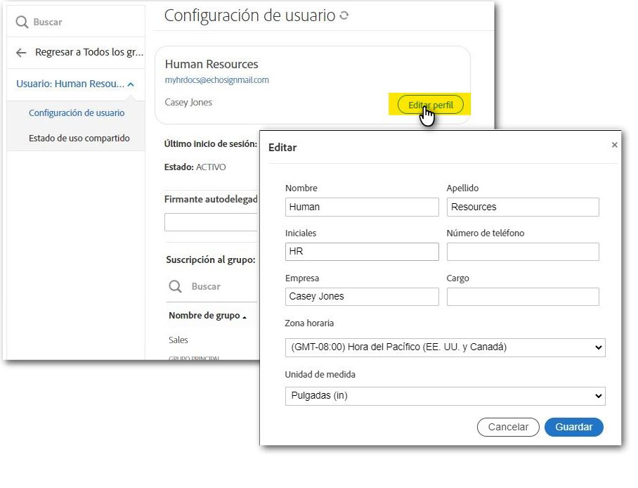 La interfaz de Configuración de usuario con el botón Editar perfil resaltado y la interfaz de edición con los campos del perfil de usuario