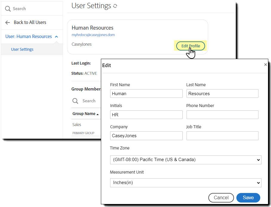 De interface Gebruikersinstellingen met de knop Profiel bewerken gemarkeerd en de interface Bewerken met de profielvelden van de gebruiker