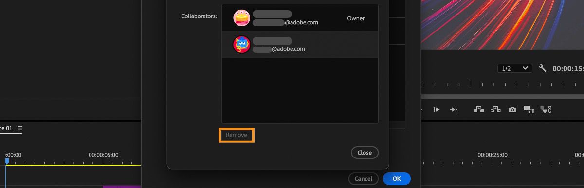 El cuadro de diálogo Editar colaboradores en la Configuración de Team Project está abierto y hay una lista de colaboradores para que seleccione y elimine de Team Projects.