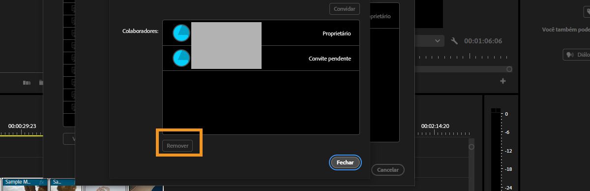 A caixa de diálogo “Editar colaboradores” nas “Configurações do projeto de equipe” está aberta, com uma lista de colaboradores para você selecionar e remover dos projetos de equipe.