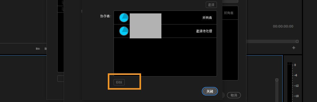 团队项目设置下的“编辑协作者”对话框已打开，其中显示了协作者列表供您选择并从团队项目中移除。