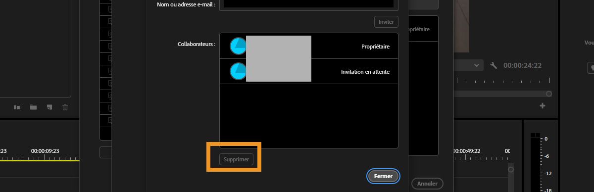 La boîte de dialogue Modifier les collaborateurs dans Paramètres du Projet d’équipe est ouverte et une liste des collaborateurs et collaboratrices que vous pouvez sélectionner et supprimer de Team Projects est présentée.
