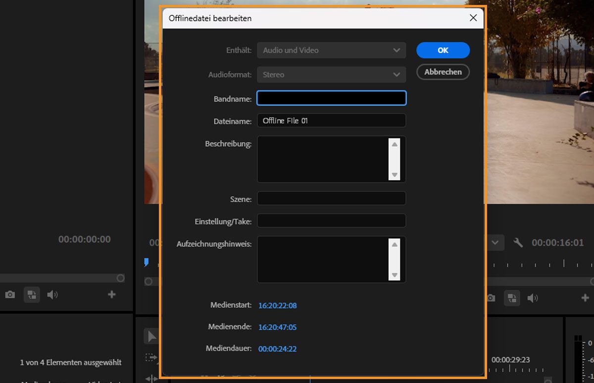 Dialog „Offline-Datei bearbeiten“ mit Feldern für Inhalte, Audioformat, Bandname, Dateiname, Beschreibung, Szene, Aufnahme und Protokollnotiz.