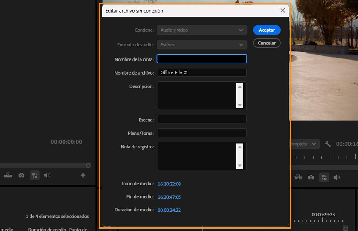 Cuadro de diálogo Editar archivo sin conexión que muestra campos para contenido, formato de audio, nombre de cinta, nombre de archivo, descripción, escena, toma y nota de registro.