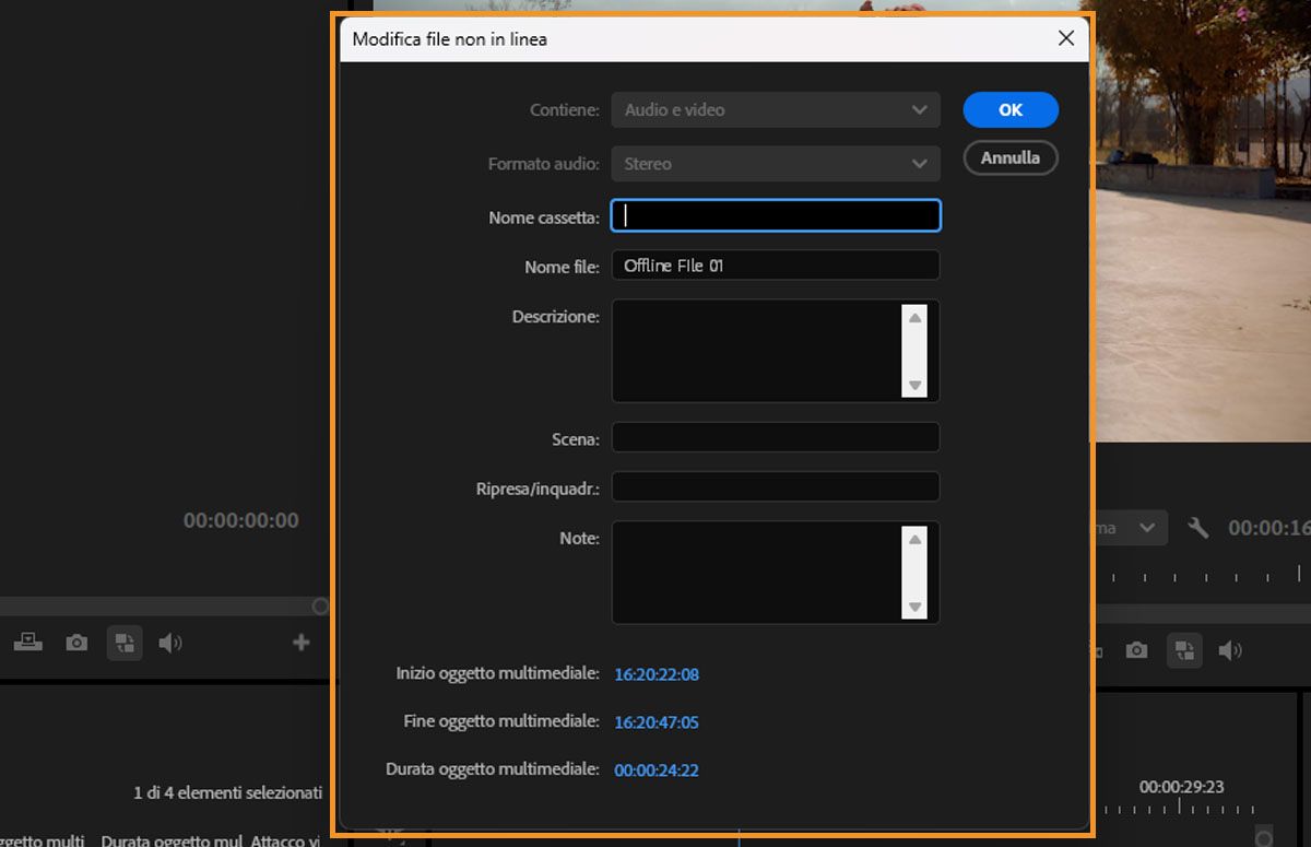 Finestra di dialogo Modifica file offline che mostra i campi per contenuto, formato audio, nome nastro, nome file, descrizione, scena, ripresa/ciak e nota di registro.
