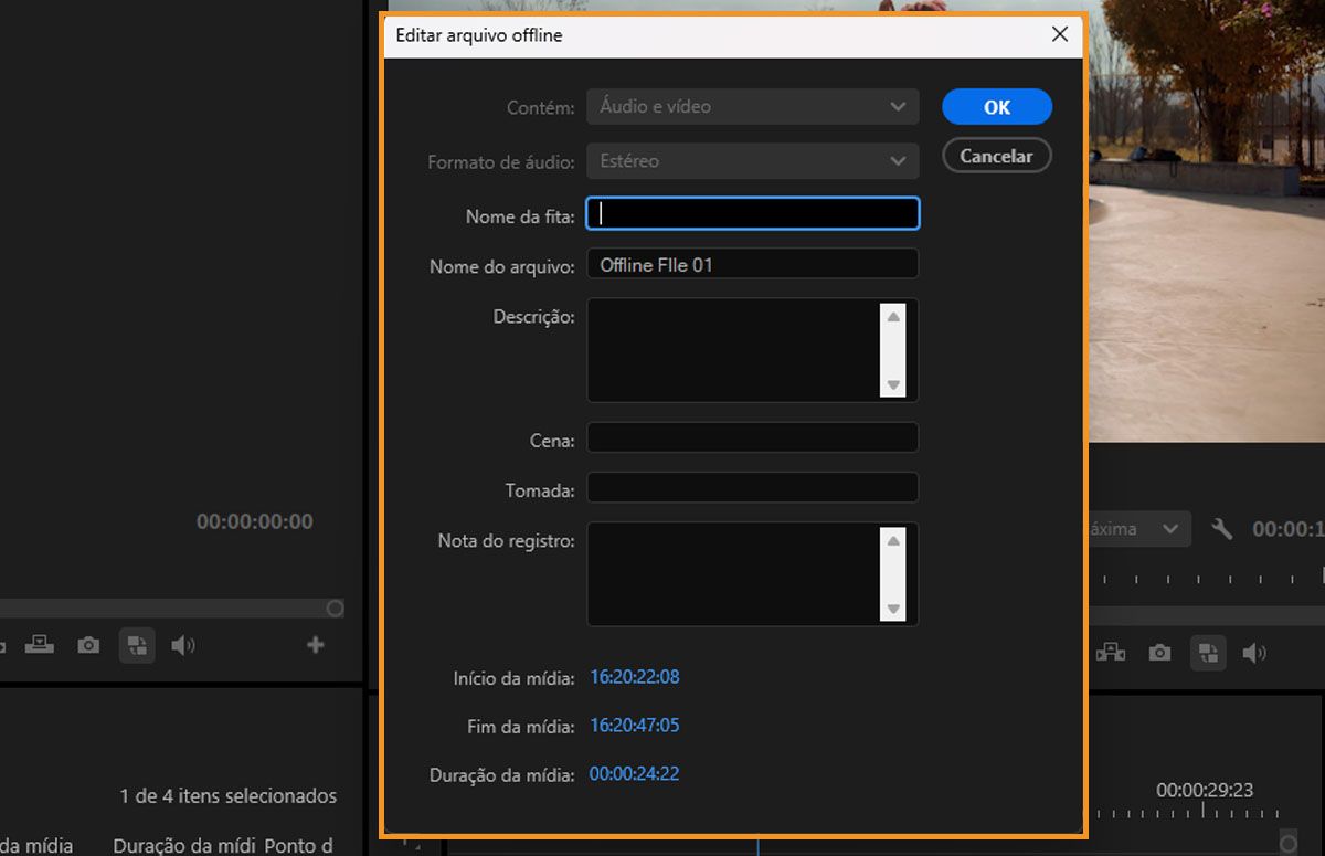 Diálogo Editar arquivo offline mostrando campos para conteúdo, formato de áudio, nome da fita, nome do arquivo, descrição, cena, tomada e nota de log.