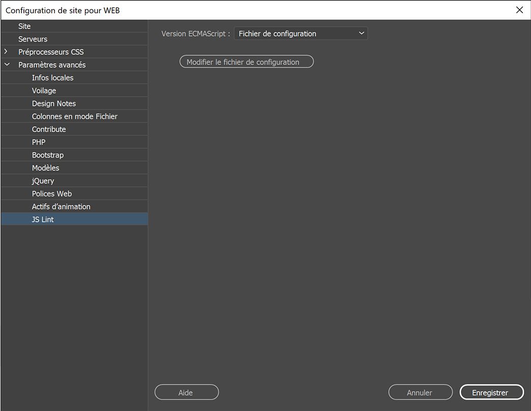 Modification du fichier de configuration JS Lint