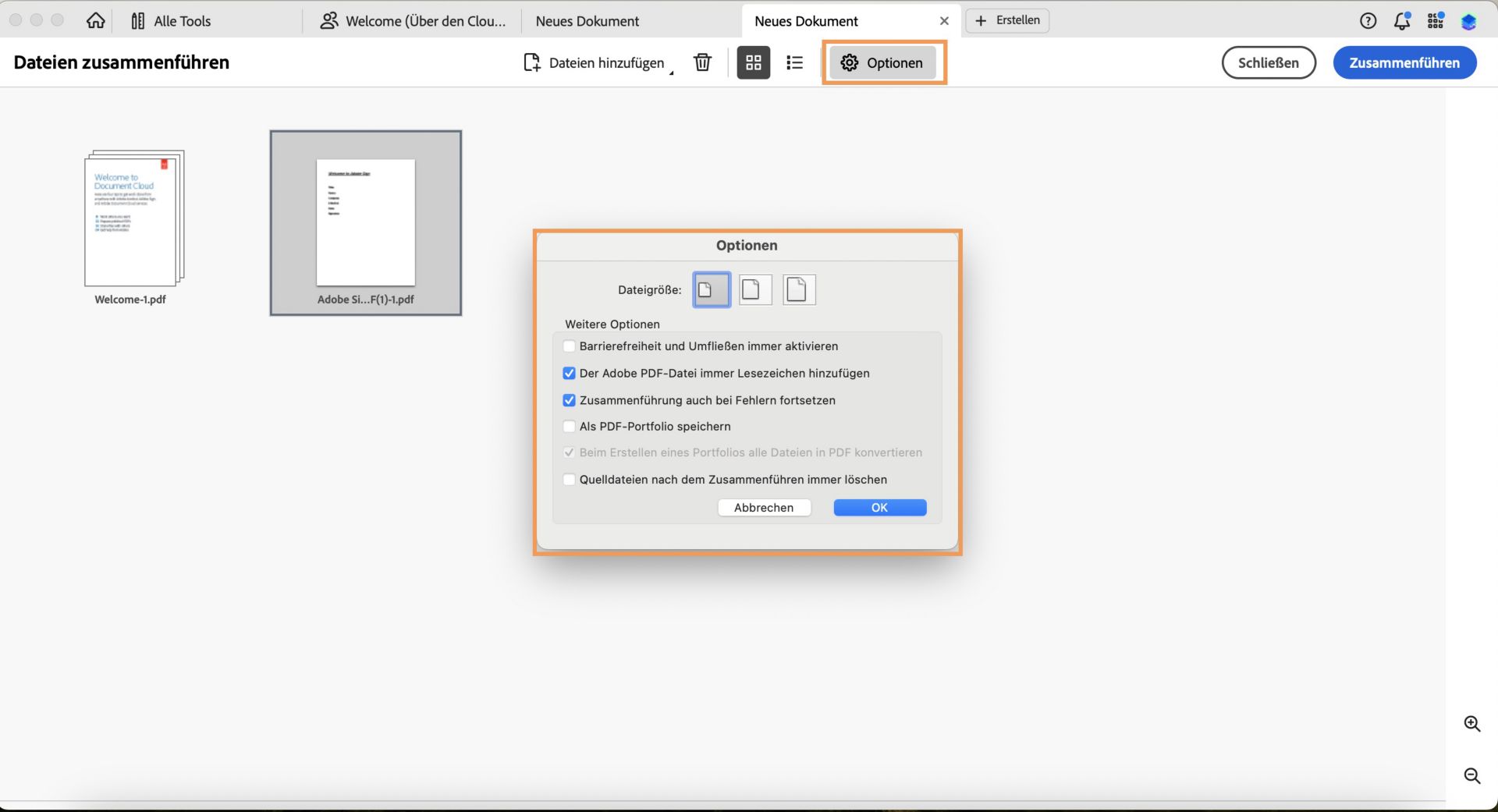 Es werden Optionen zum Ändern der Größe der zusammengefügten Datei angezeigt. 