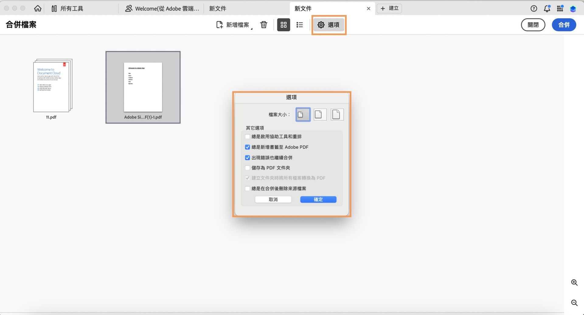 這時會顯示選項，用於變更所合併檔案的檔案大小。 