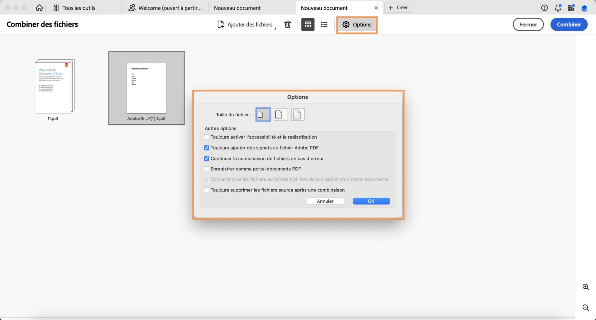 Les options permettant de modifier la taille du fichier combiné s’affichent. 