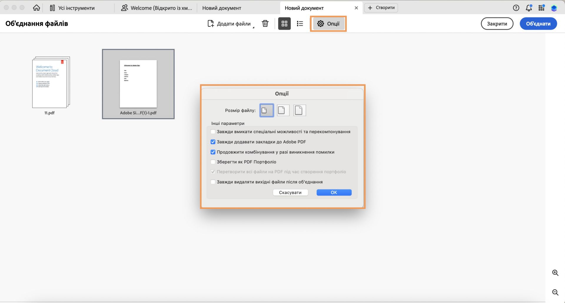 Відображаються «Опції», за допомогою яких можна змінити розмір об’єднаного файлу. 