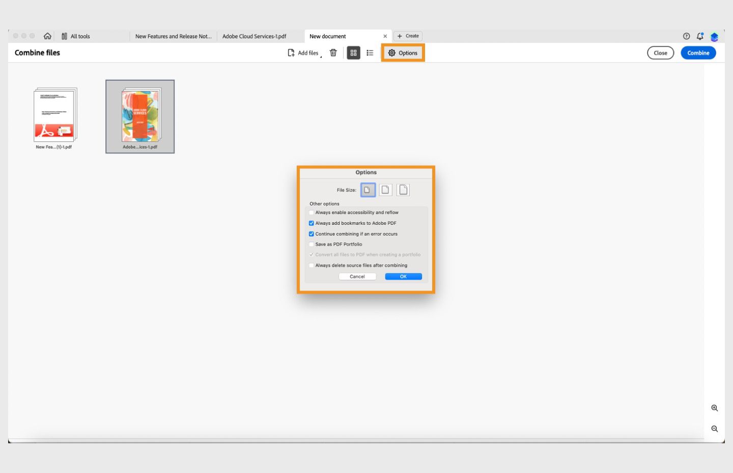 האפשרויות לשינוי גודל הקובץ המחובר יוצגו. 