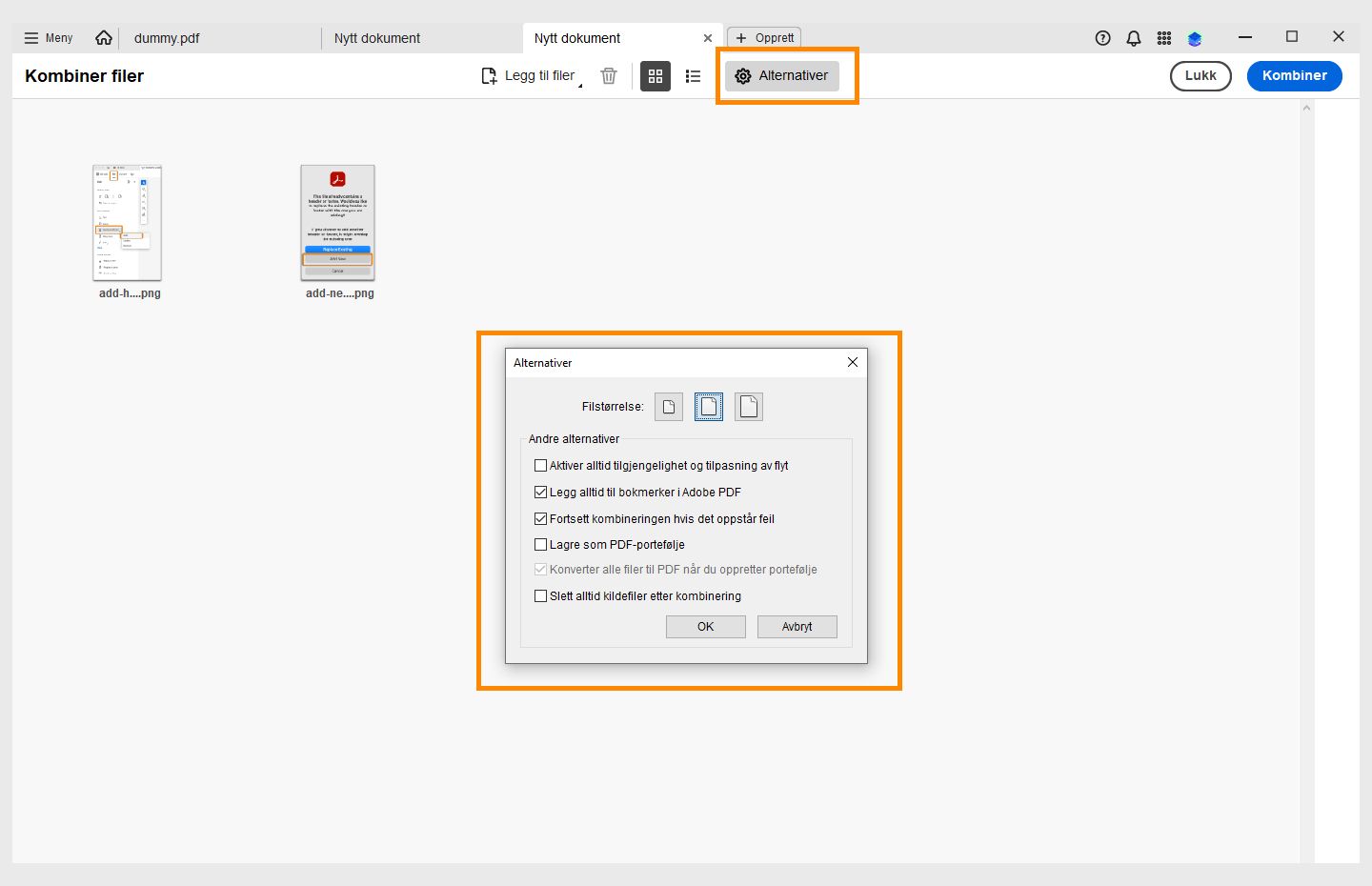 Er worden opties weergegeven om de bestandsgrootte van het gecombineerde bestand te wijzigen. 