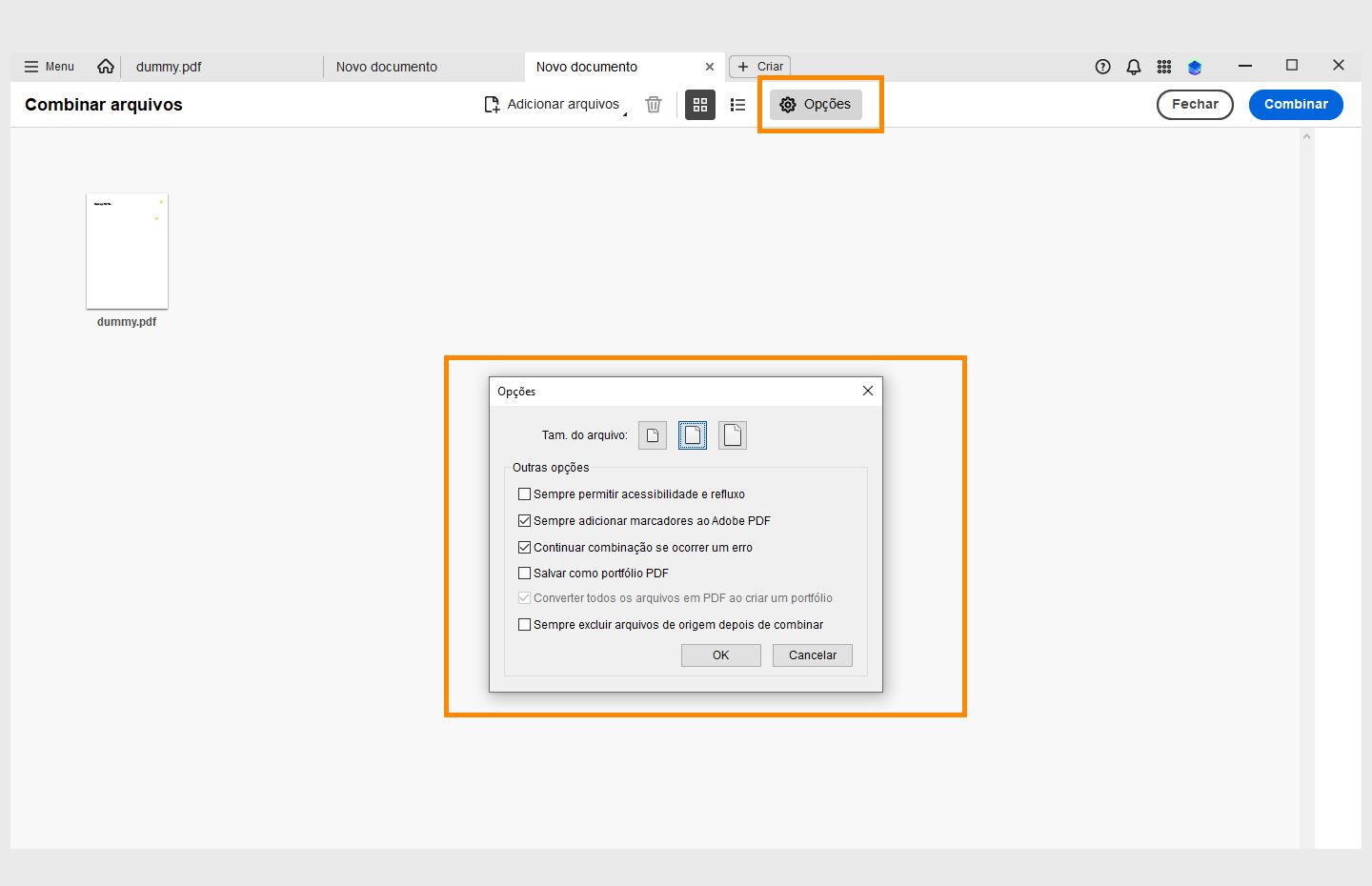 As opções para alterar o tamanho do arquivo combinado serão exibidas. 