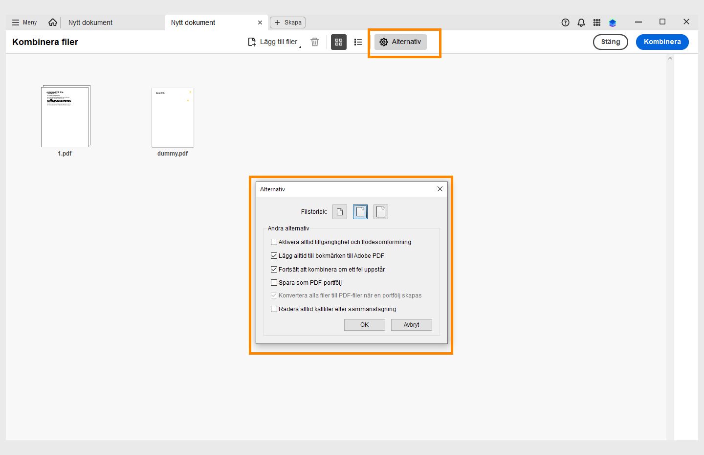 Alternativ för att ändra filstorlek för den sammanslagna filen visas. 