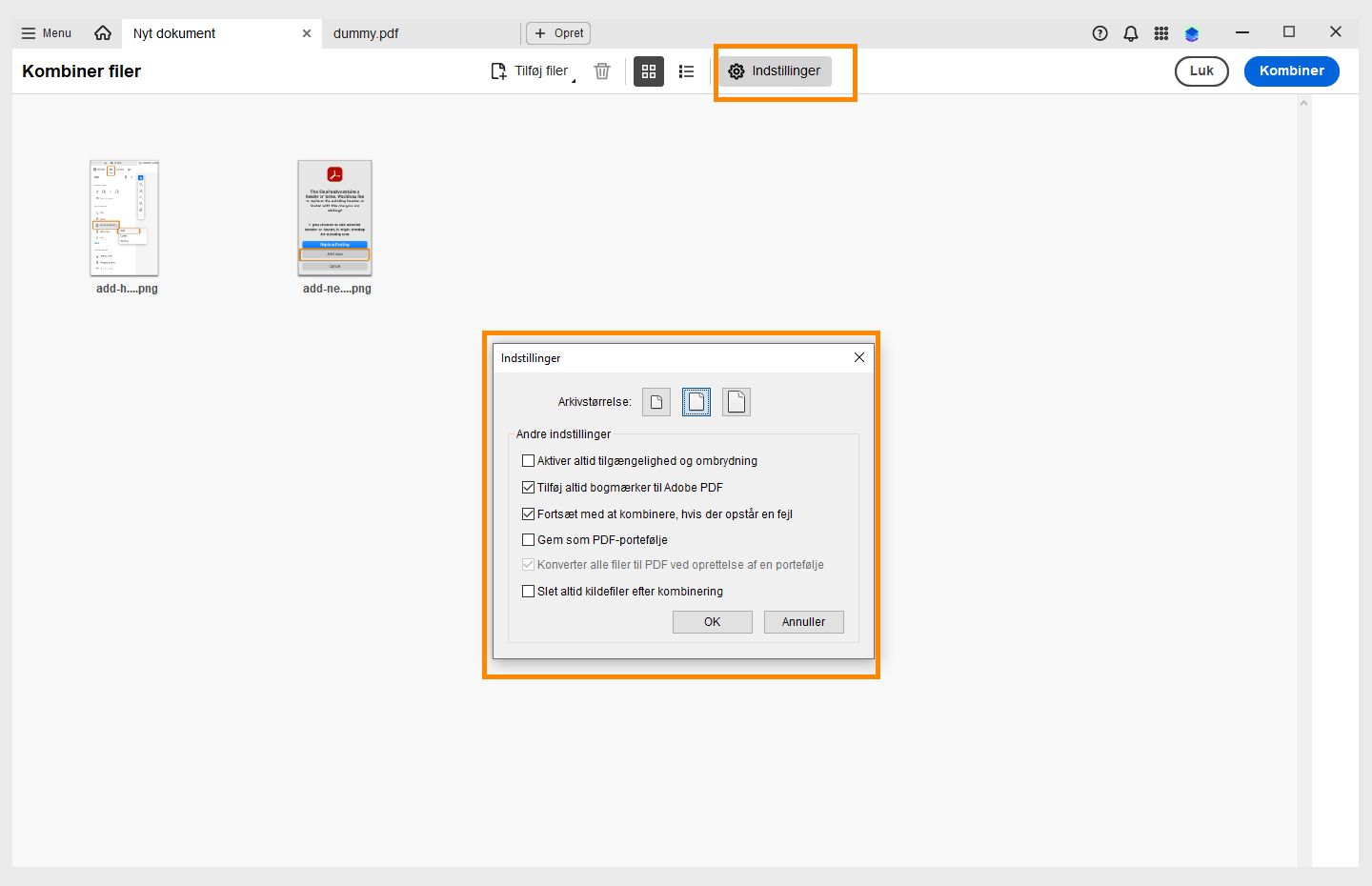 Indstillinger til ændring af den kombinerede fils filstørrelse vises. 