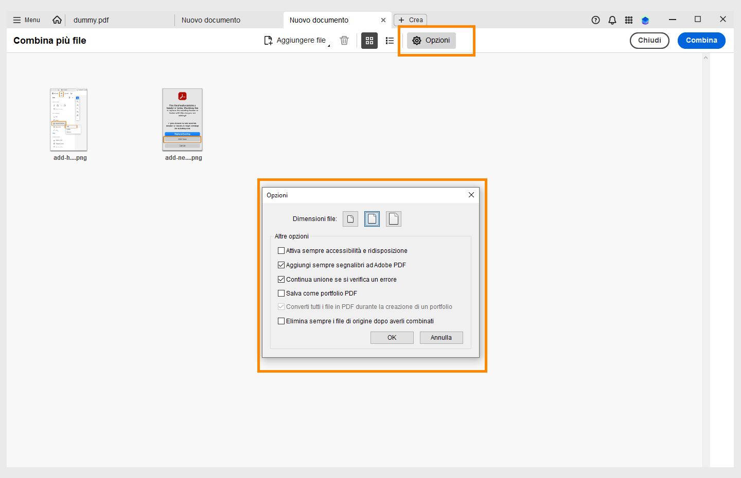 Vengono visualizzate le opzioni per modificare la dimensione del file combinato. 