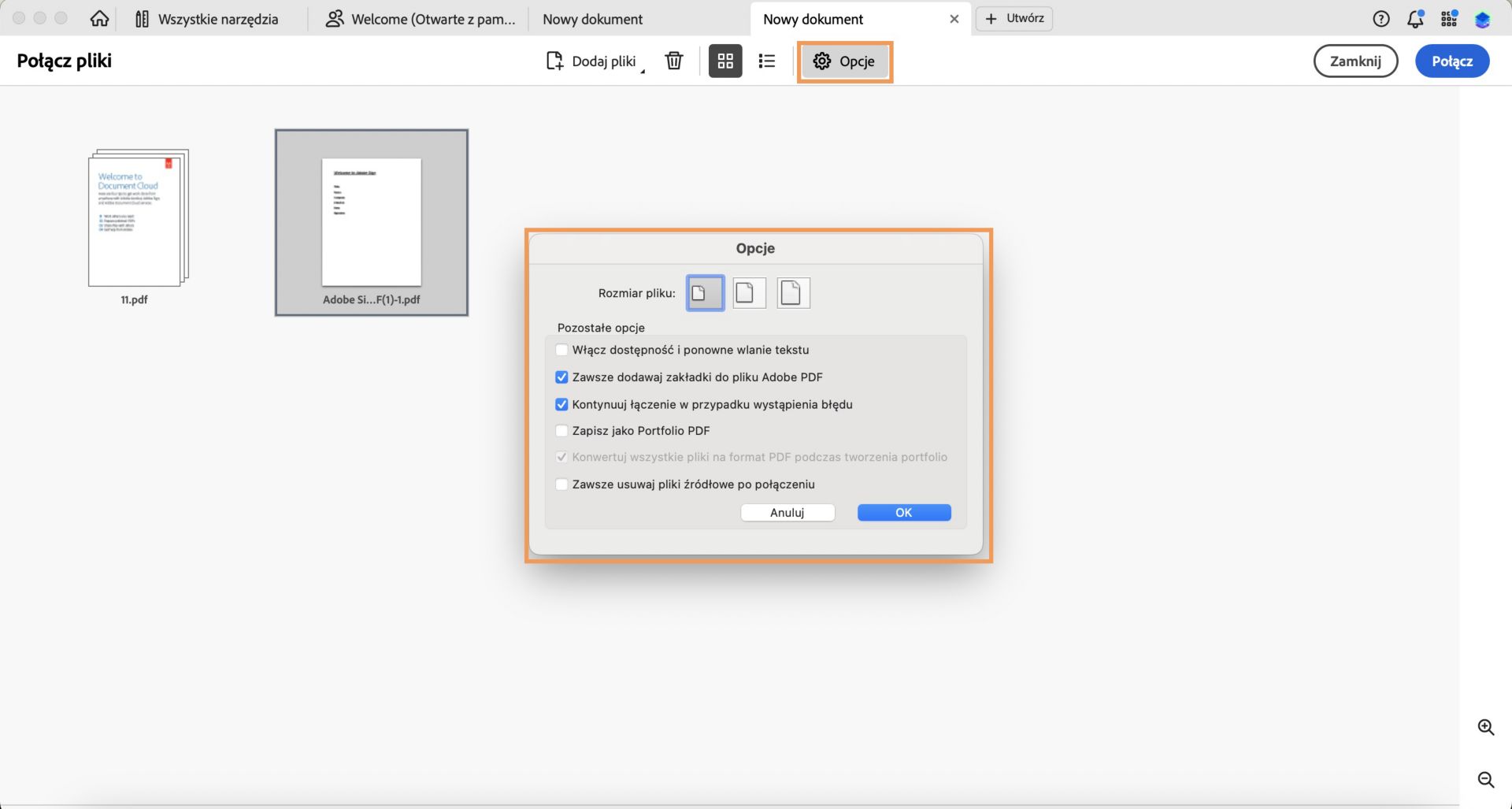 Wyświetlane są opcje zmiany rozmiaru połączonego pliku. 
