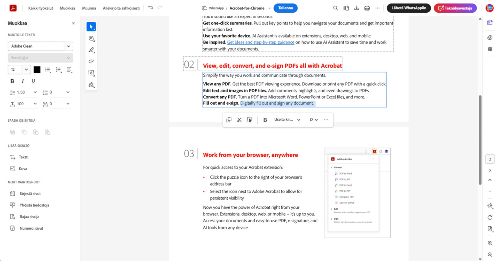 Muokkaa-paneeli Adoben Acrobat WhatsApp-sovellukselle -palvelussa näyttää tekstin muotoiluvaihtoehdot, tekstin ja kuvan lisäämisen työkalut sekä asiakirjan sivujen hallintavaihtoehdot.