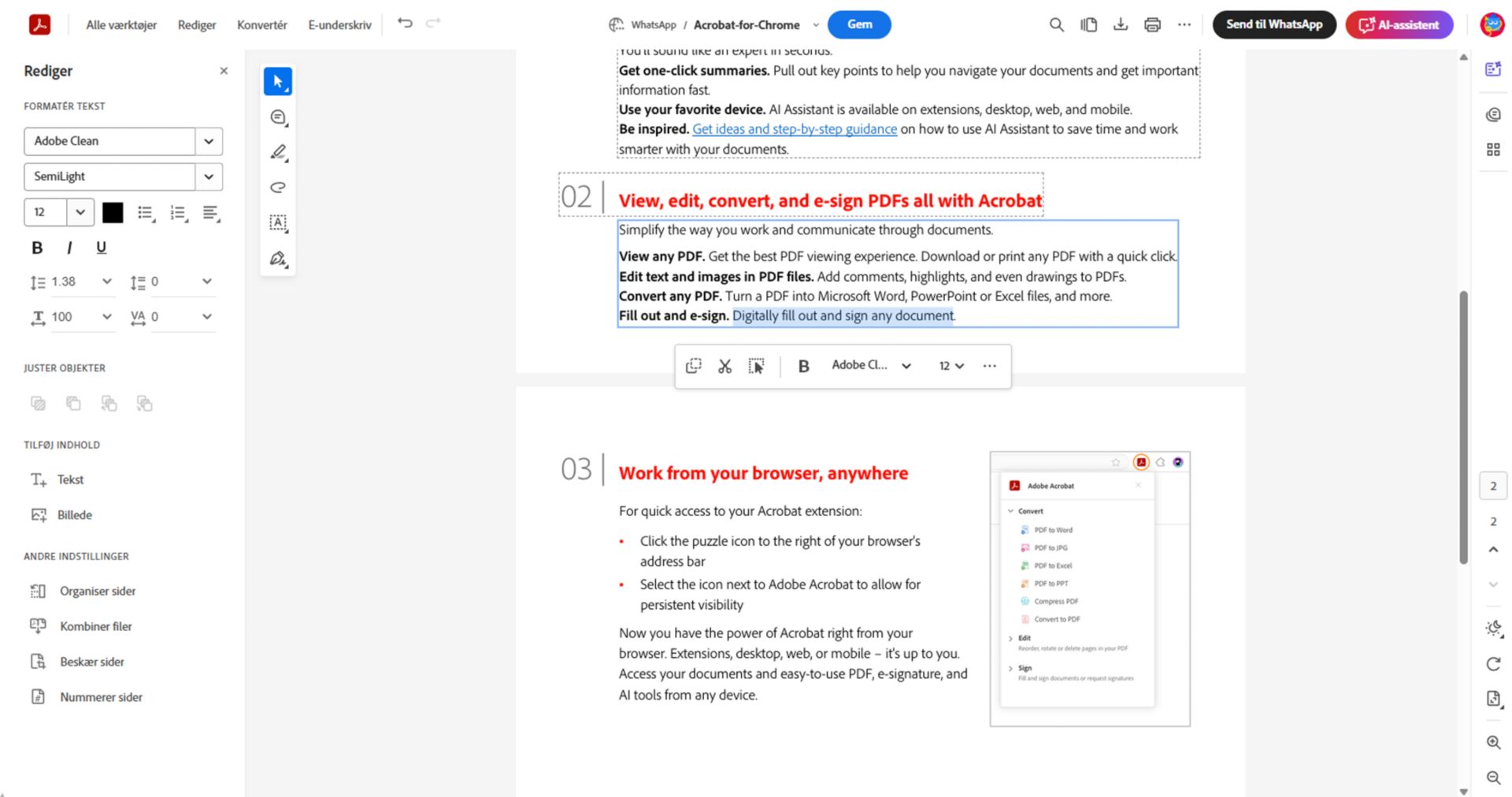 Panelet Rediger i Adobe Acrobat for WhatsApp, der viser indstillinger for tekstformatering, værktøjer til tilføjelse af tekst og billeder samt indstillinger for sidestyring for et dokument.