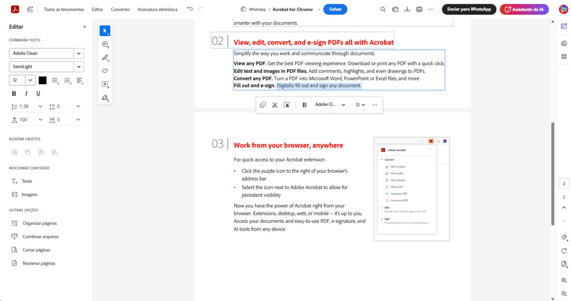 O painel Editar no Adobe Acrobat para WhatsApp mostrando opções de formatação de texto, ferramentas para adicionar texto e imagem, além de opções de gerenciamento de página para um documento.