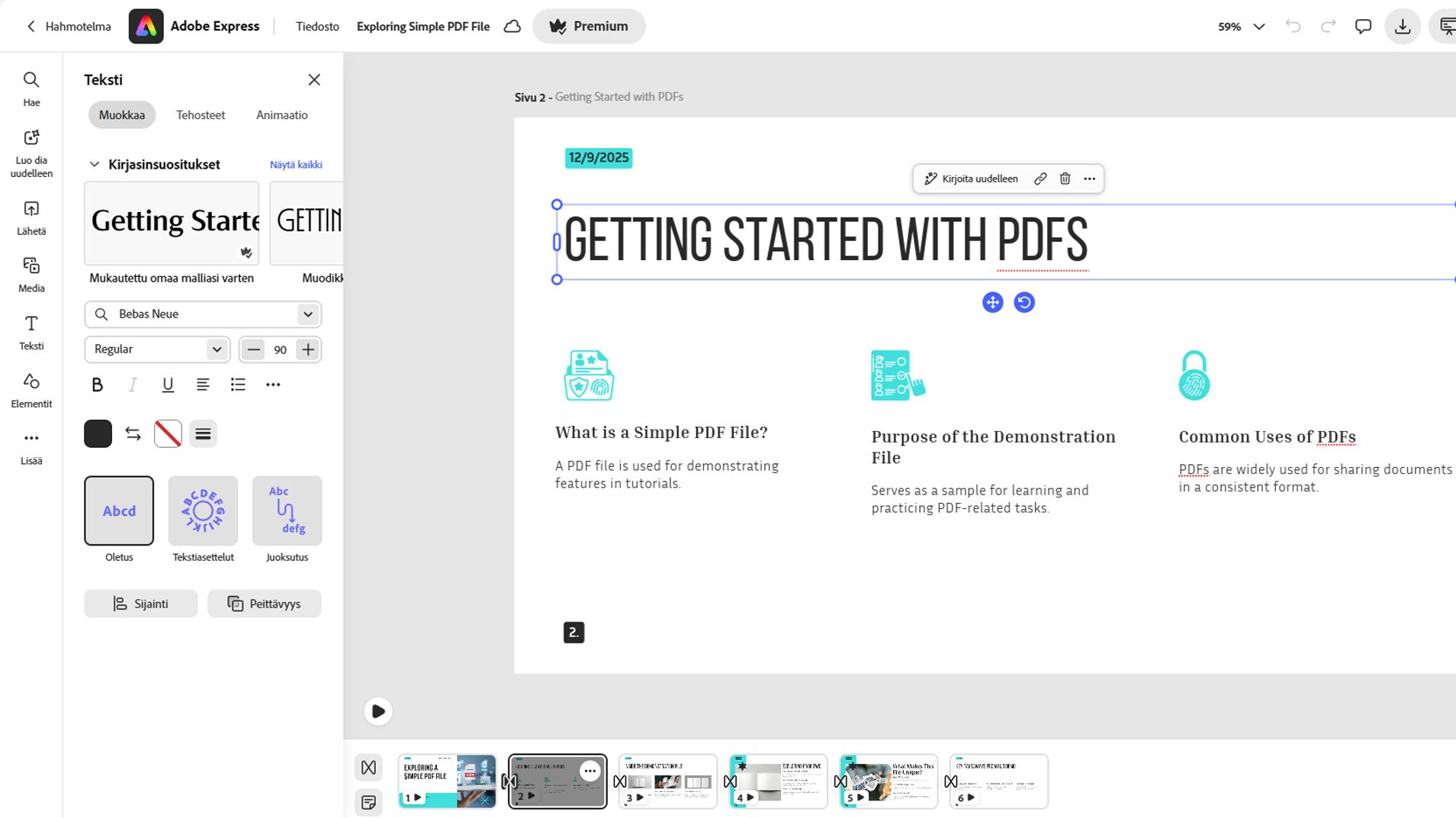 Muokkaustyökalujen paneeli avautuu dian viereen, mikä mahdollistaa yksittäisen dian tai kaikkien diojen mukauttamisen.
