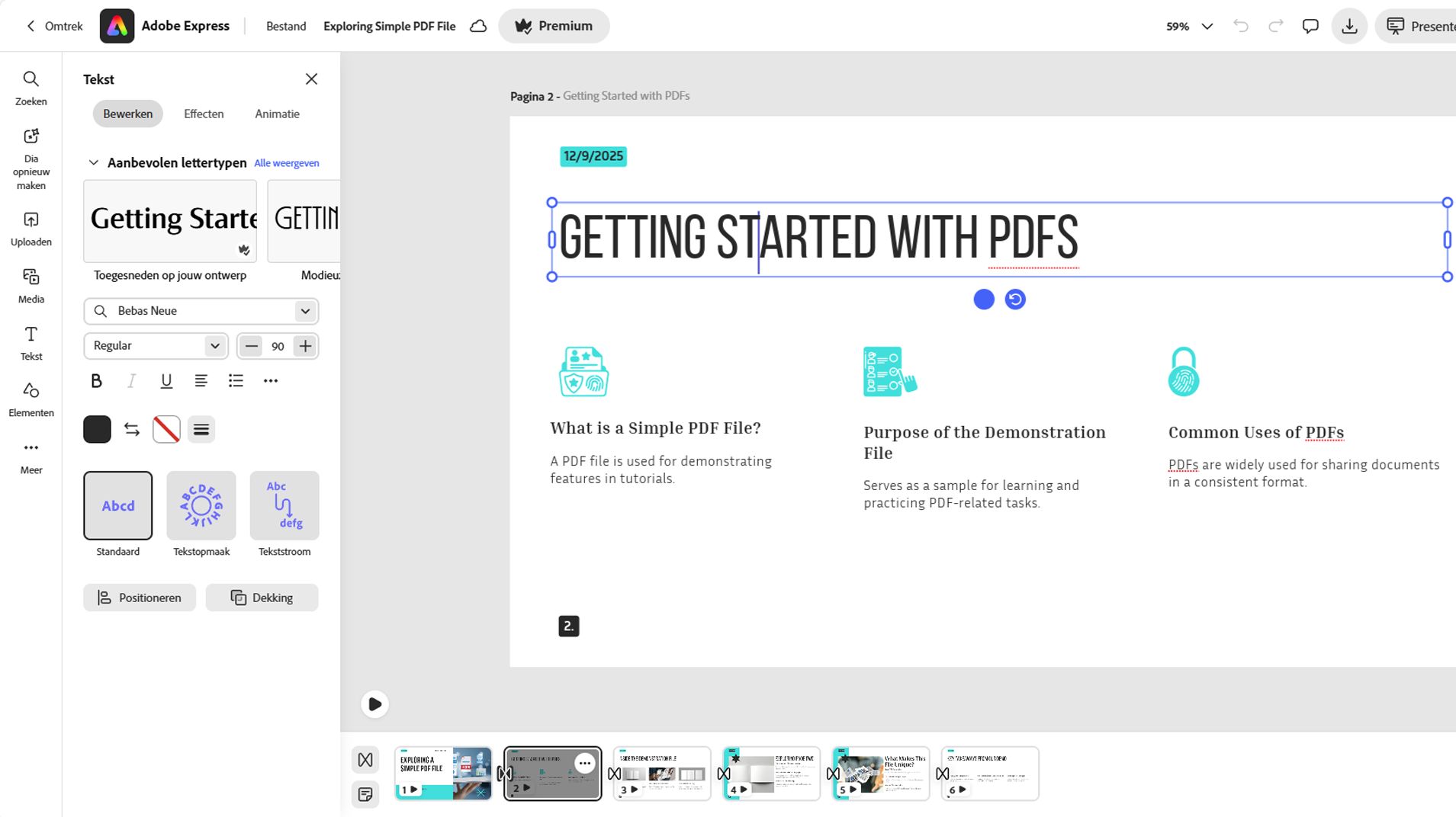 Tools-paneel voor bewerken geopend naast een dia, waarmee aanpassingen aan één dia of elke dia mogelijk zijn.