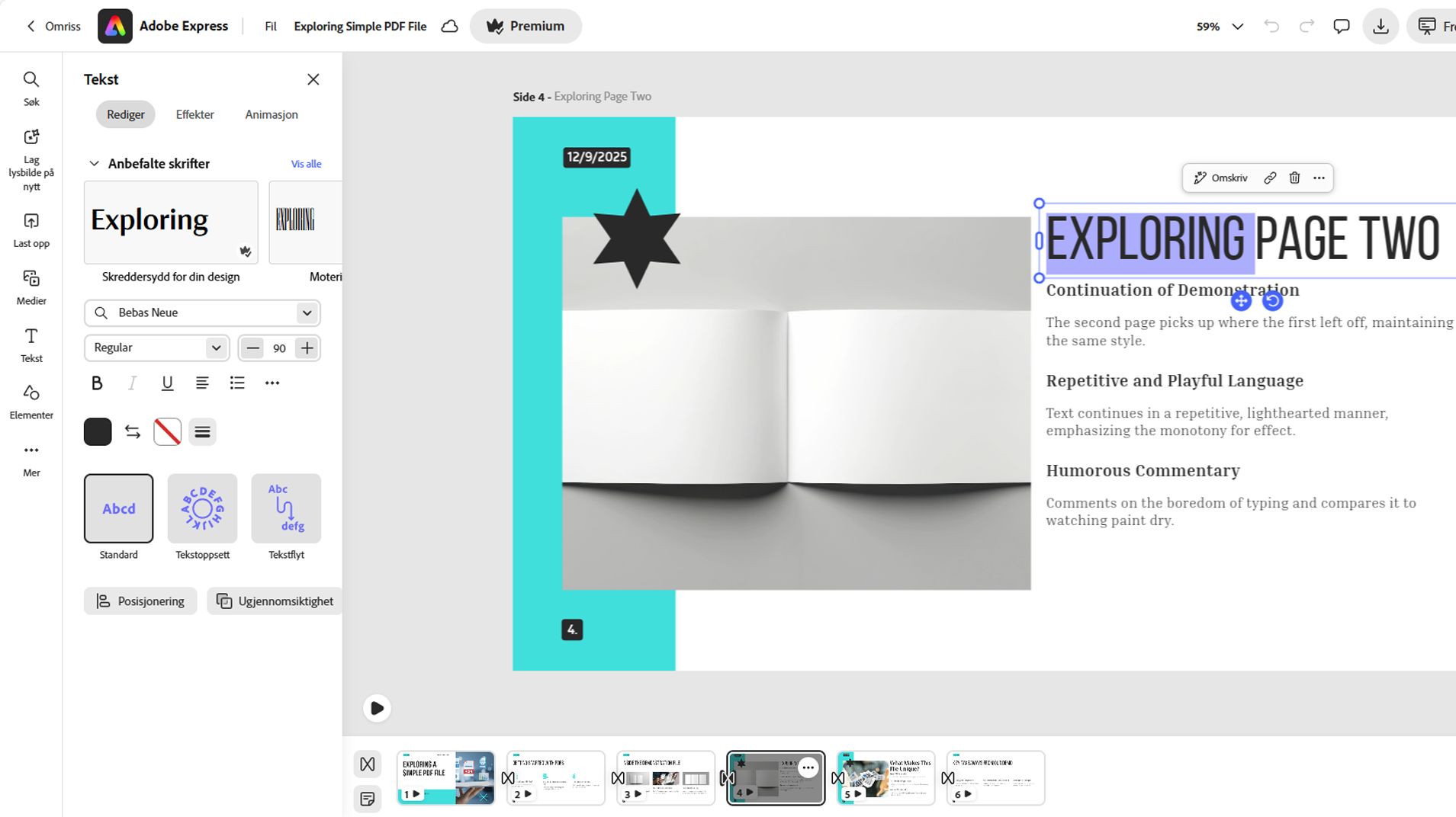 Verktøy-panelet for redigering åpnet ved siden av et lysbilde, som gjør det mulig å tilpasse et enkelt lysbilde eller alle lysbildene.