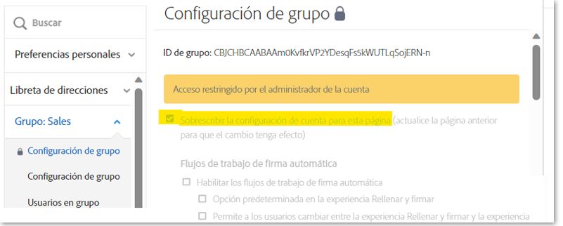 Una página de configuración deshabilitada que muestra que la modificación de la configuración del grupo sigue habilitada