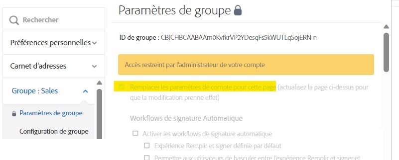 Page de paramètres désactivée indiquant que le remplacement des paramètres de groupe est toujours activé