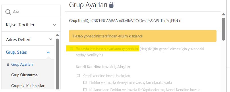 Grup ayarları için geçersiz kılma özelliğinin hala etkin olduğunu gösteren devre dışı bir ayarlar sayfası