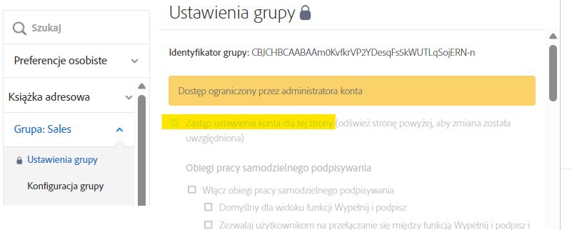 Wyłączona strona ustawień pokazująca, że zastąpienie ustawień grupy jest nadal włączone