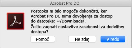 Pogovorno okno dovoljenj Acrobat/Reader