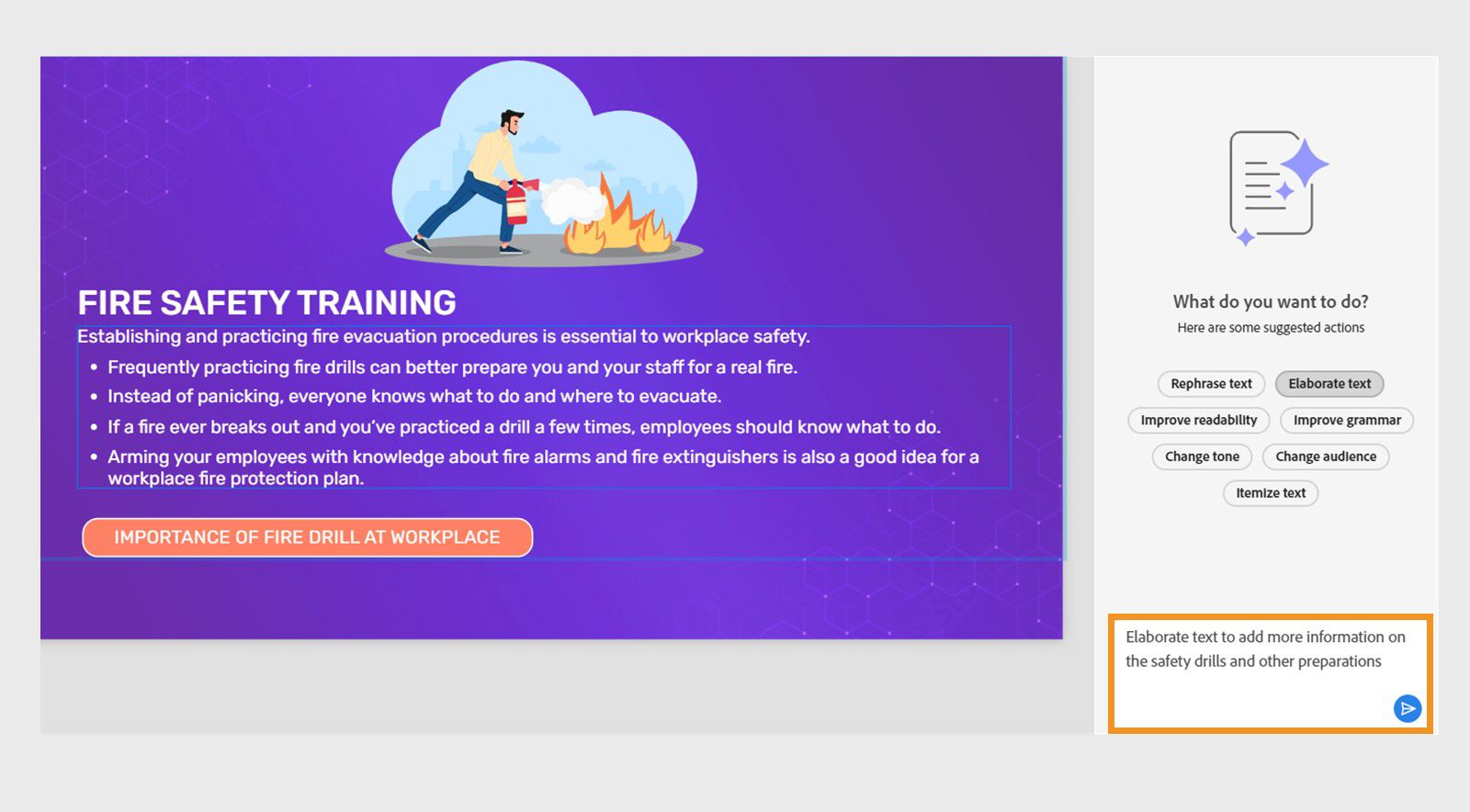 Elaborate text dialog showing the Generate text option in the Visual properties panel with the Elaborate text option selected from the dropdown.