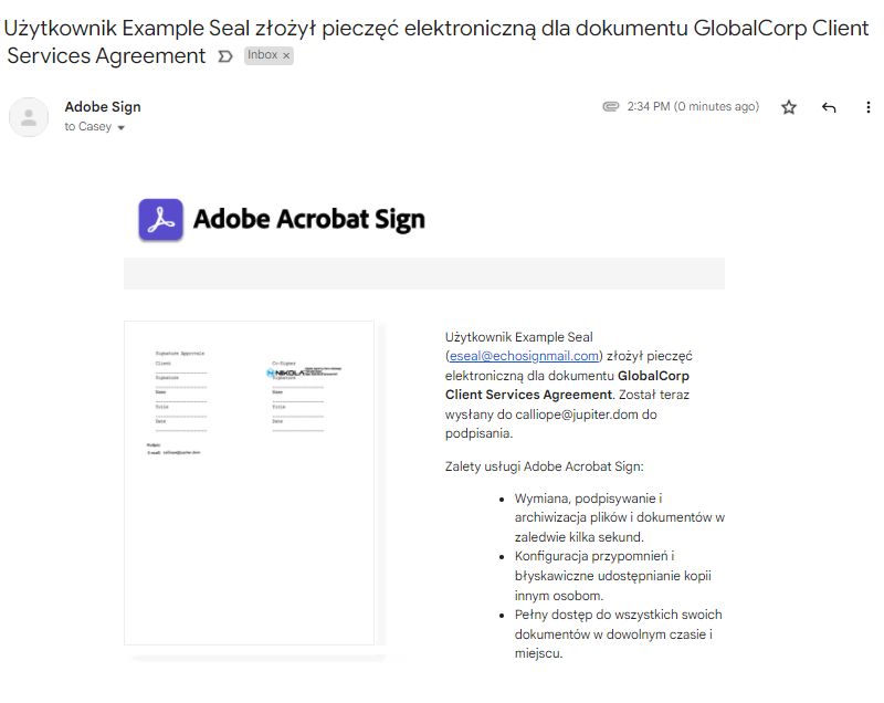 Przykład wiadomości e-mail z pieczęcią elektroniczną