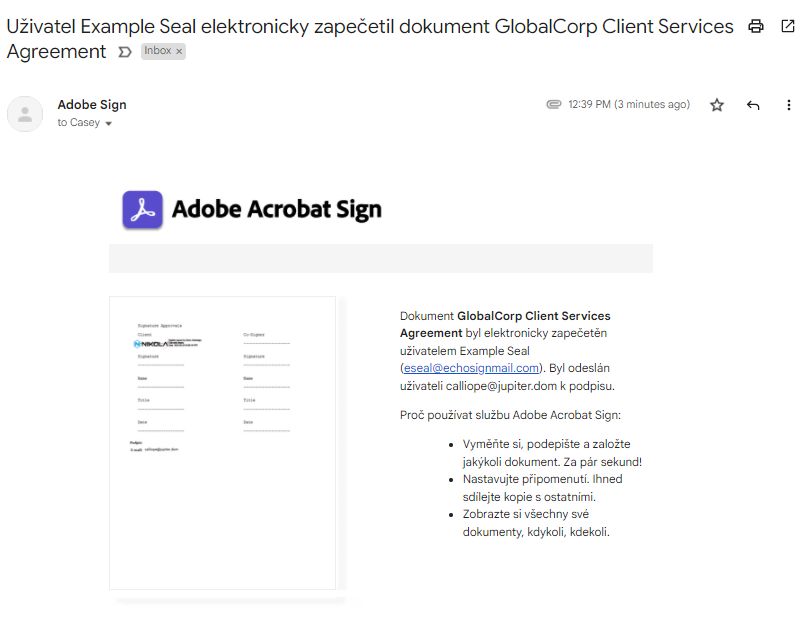 Příklad e-mailu s elektronickou pečetí