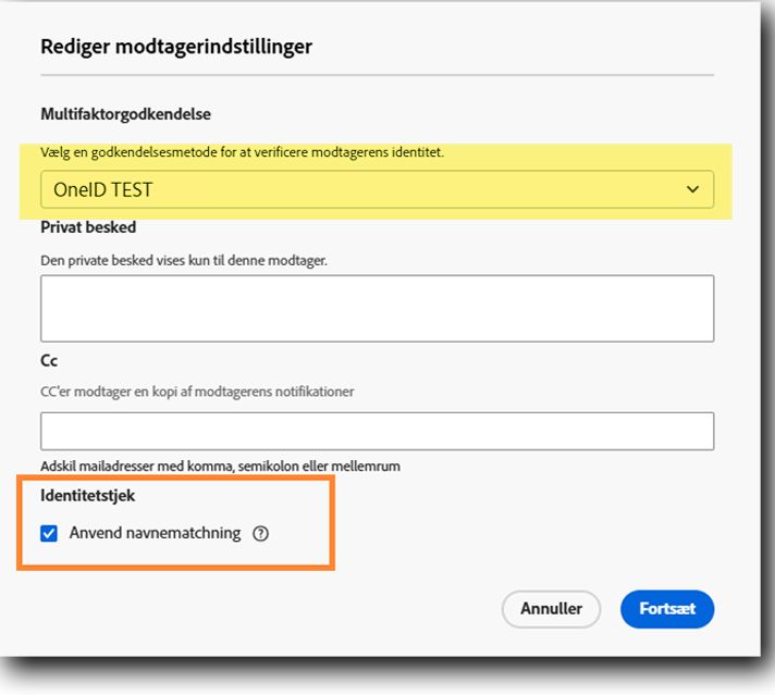 Afsendervisningen af modtagerindstillingerne, når mailkontrol er tilladt