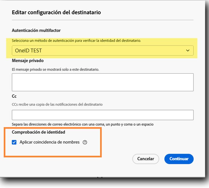 Vista de los remitentes de la configuración del destinatario cuando se permite la comprobación de correo electrónico