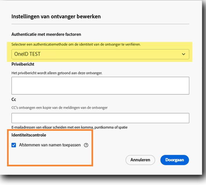 De verzendersweergave van de ontvangersinstellingen wanneer e-mailcontrole is toegestaan