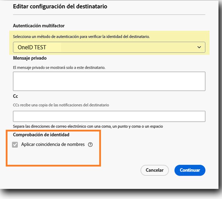 Vista de los remitentes de la configuración del destinatario cuando se requiere la comprobación de correo electrónico