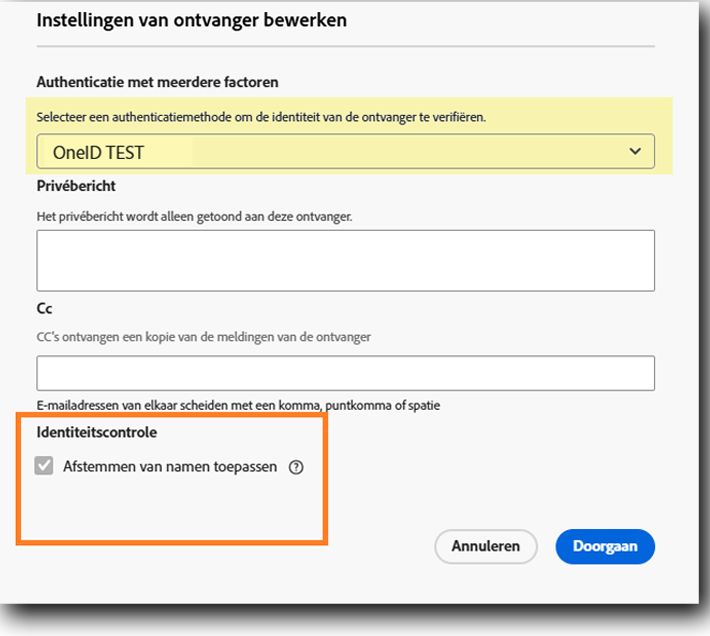 De verzendersweergave van de ontvangersinstellingen wanneer e-mailcontrole vereist is