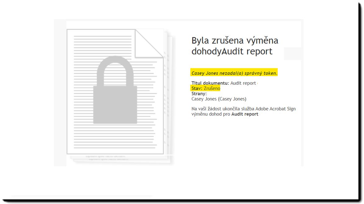 E-mailové upozornění na zrušenou dohodu z důvodu selhání ověření ID