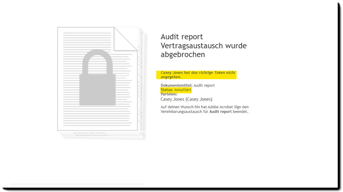 E-Mail-Benachrichtigung über den Abbruch der Vereinbarung aufgrund eines ID-Fehlers