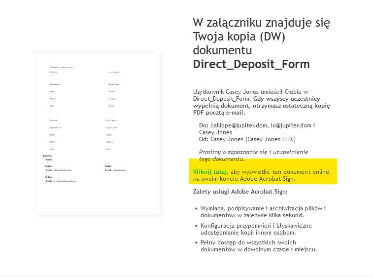 Przykładowy adres e-mail strony DW z podświetlonym łączem do wyświetlenia umowy. 