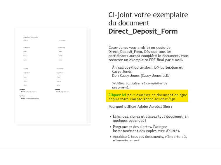 Exemple d’e-mail envoyé à une partie en copie avec les liens permettant d’afficher l’accord mis en évidence. 