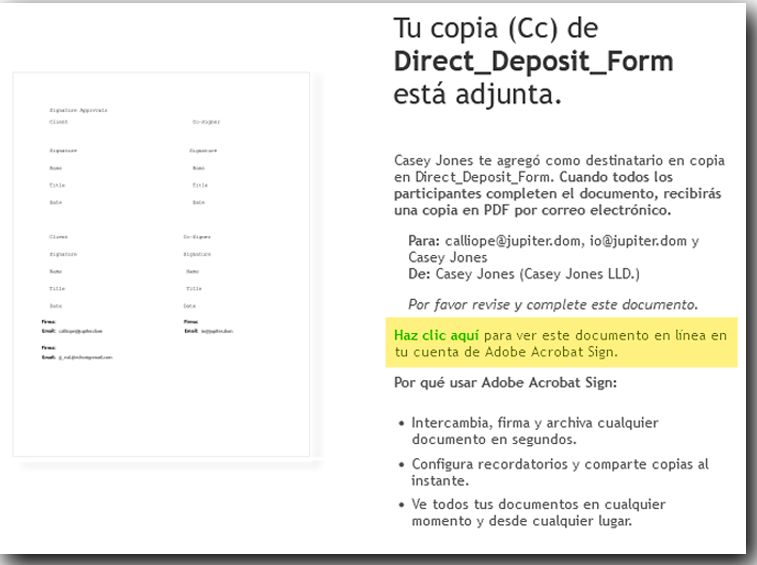 Ejemplo de correo electrónico para una parte en CC que resalta los vínculos para ver el acuerdo.